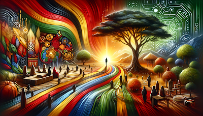 The first image is an inspiring portrayal that intertwines the essence of Africentric success with personal and communal growth. The central focus is a harmonious blend of African landscapes, featuring subtle symbols of legacy and wisdom. Dominating the scene is an ancient, majestic tree, its branches reaching out, symbolizing growth and the nurturing of knowledge across generations.  The colors red, black, green, and yellow are intricately woven into the fabric of the scene, representing the Pan-African identity and the unyielding spirit of the African American community. The background transitions softly into a sunrise, suggesting a new dawn of enlightenment and progress. The entire composition exudes a sense of unity, resilience, and forward movement, capturing the cultural identity and aspirations of conscious African Americans. This image is a visual ode to the richness of character and the impactful contributions that define the community.