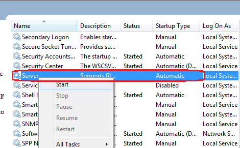 How to start server service on a Windows 8 computer