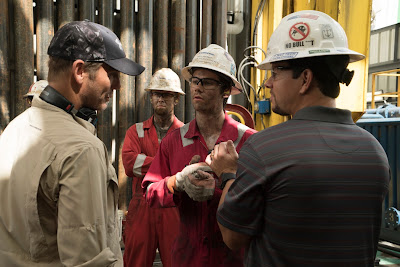 Peter Berg, Dylan O'Brien and Mark Wahlberg on the set of Deepwater Horizon