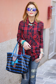 red plaid shirt, marc by marc jacobs tote bag, MAC lady bug lipstick, Fashion and Cookies, fashion blogger