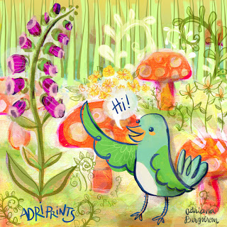 finch and foxglove hello bird illustration by adriana bergstrom