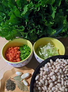 Escarole, Chopped Carrots & Celery, Onion, Garlic, Thyme, Bay Leaves, and Soaked White Beans