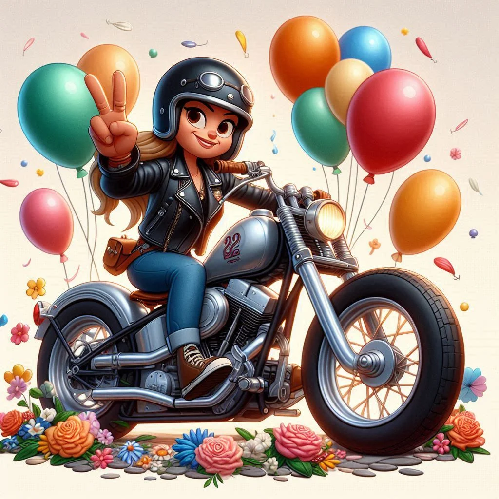 mujer motociclista en caricatura