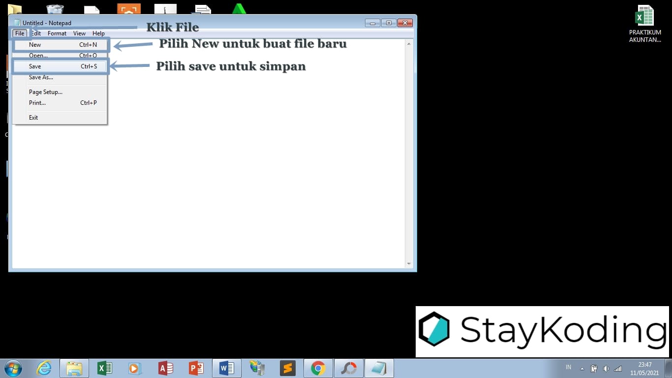 menu untuk buat file baru dan simpan file pada notepad