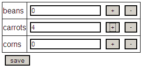 HTML table with JavaScript increment/decrement buttons that change a text field