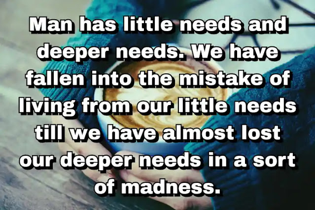 "Man has little needs and deeper needs. We have fallen into the mistake of living from our little needs till we have almost lost our deeper needs in a sort of madness." ~ D. H. Lawrence