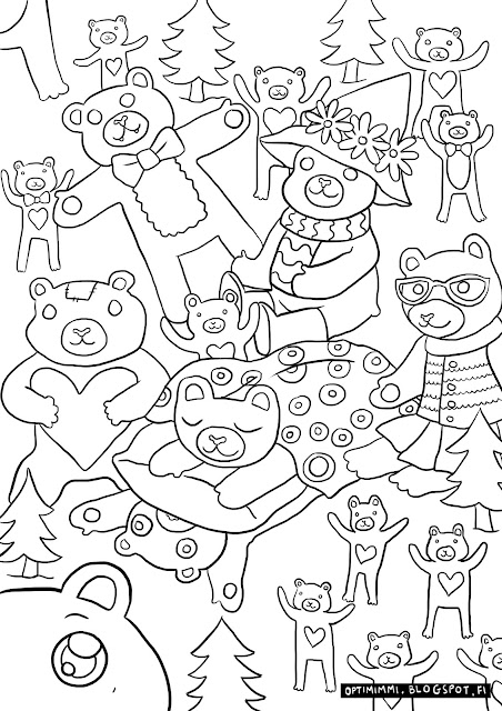 A coloring page of teddy bears in a forest / Värityskuva nallekarhuista metsässä