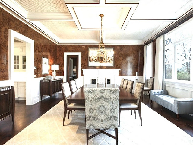 Dining room Hamptons mansion Water Mill estate glossy wallpaper coffered ceiling