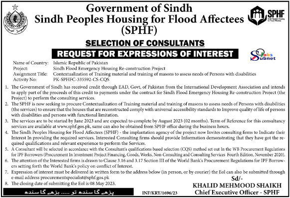 Sindh Peoples Housing for Flood Affectees SPHF Jobs 2023