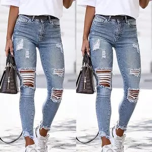 Ripped Skinny Jeans for Women Fashion High Waist Long Pants Ladies Casual Blue Pockets Vintage Jeans Denim Trousers Drop Ship US $12.08 + Shipping: US $6.85