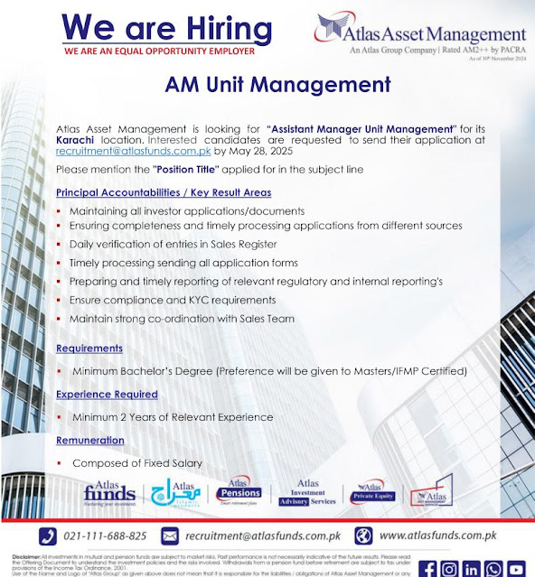 Atlas Asset Management Limited Latest Jobs in Karachi Assistant Manager Unit Management 2025