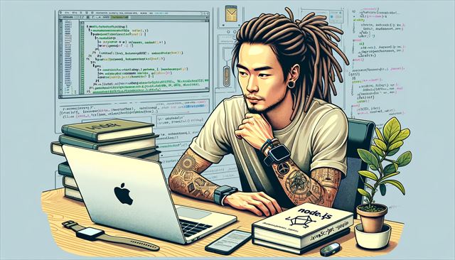 Illustration of a Japanese man with dreadlocks, studying Node.js at a modern workspace, with no tattoos visible. He is dressed in casual attire, such as a simple t-shirt and jeans, maintaining a relaxed and approachable look. Surrounding him are tech gadgets like a laptop displaying Node.js code, books on JavaScript, and a smartwatch on his wrist. The artwork is in technical art style, focusing on the blend of a contemporary tech-focused environment and casual fashion, with a vibrant color palette highlighting the man's concentration and learning setting.