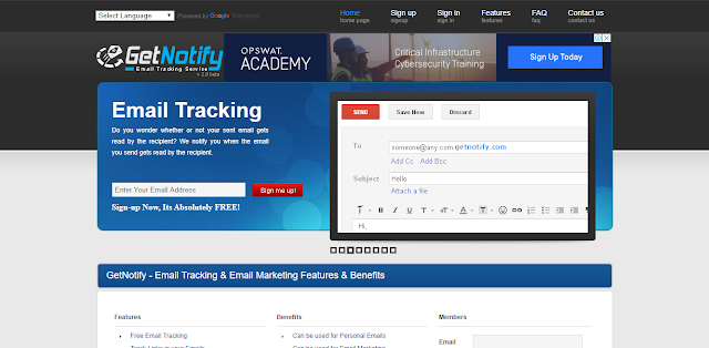 email tracking home page of get notify site