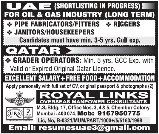 Oil & Gas industry jobs for UAE & Qatar - free food & Accommodation