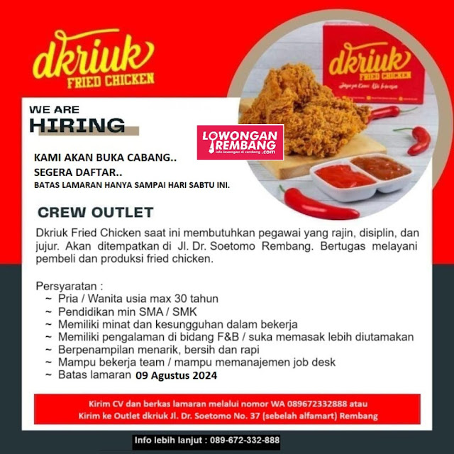Lowongan Kerja Pegawai Crew Outlet Dkriuk Fried Chicken Rembang