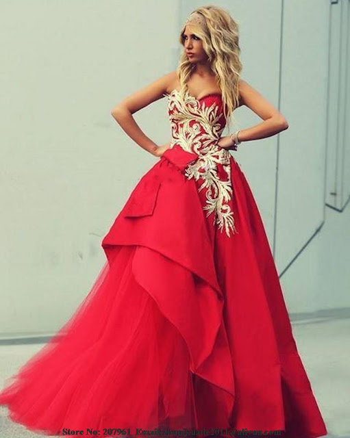 Gold-Appliques-Sweetheart-Ball-Gown-Red-Wedding-Dresses-Bow-Matte-Stain-And-Tulle