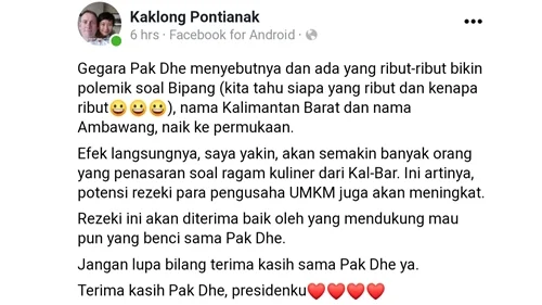 Bersyukur Presiden Jokowi Sebut Bipang Ambawang, Netizen Pontianak: Rezeki Pengusaha UMKM Akan Meningkat, Terima Kasih Pakde!