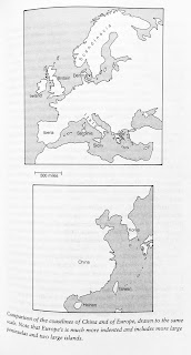 Page 415. Comparison of the coastlines of China and of Europe, drawn to the same scale. Note that Europe's is much more indented and includes more large peninsulas and two large islands. 