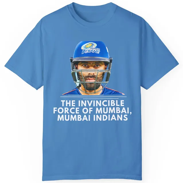 Garment Dyed Mumbai Indians Cricket T-Shirt for Men and Women With Suryakumar Yadav 's Close Up Face Wearing Helmet and Slogan The invincible Force of Mumbai