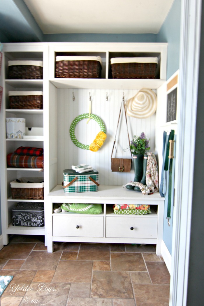 Small mudroom created with Ikea bookcases and bead board - www.goldenboysandme.com