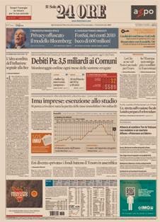 Il Sole 24 Ore del 15 Maggio 2013 | ISSN 0391-786X | PDF HQ | Quotidiano | Economia | Finanza | Politica
Il Sole 24 Ore è il quotidiano economico più venduto tra quelli pubblicati in Italia e il terzo giornale d'informazione più venduto nel paese dopo il Corriere della Sera e La Repubblica.
La testata nacque il 9 novembre 1965 dalla fusione di due quotidiani: Il Sole, fondato nel 1865, e 24 Ore, nato nel 1946.