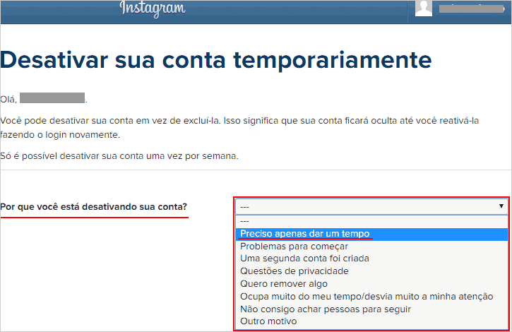 Desativar sua conta temporariamente - dar um tempo