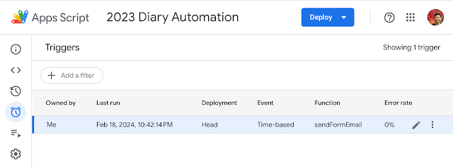 A screenshot of the Google Apps Script editor showing how I trigger a diary email every day.