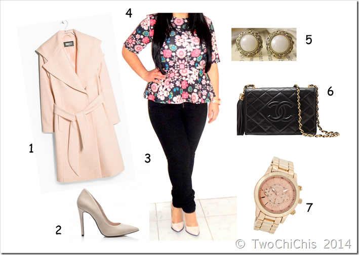 Look-Floral-top-me-mavro-panteloni-roz palto-rompa-kai-nude-goves- TwoChiCHis