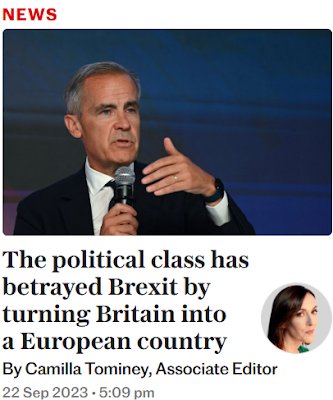 Big picture of Mark Carney, small picture of Camilla Tominey (whose "think" piece it is) with headline: "The political class has betrayed Brexit by turning Britain into a European country"