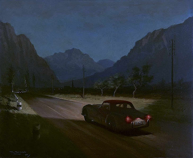 a Roy Nockolds illustration, cars on a road at night