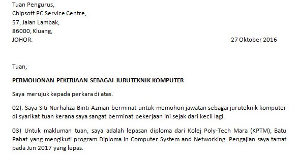 Contoh Surat Rasmi Memohon Kerja Kerajaan