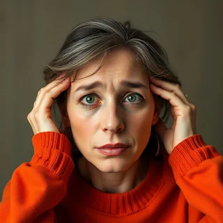 Woman with worried expression, hands on head, wearing an orange sweatshirt.