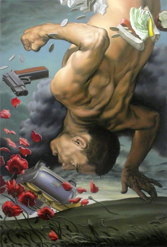 Nicola Verlato pinturas foto-realistas surreais explosões corpos voando acidente carro