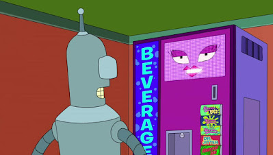 A robot with his back to the camera talking to a vending machine with a face. On the side of the vending machine, the text reads 'Beverage'.