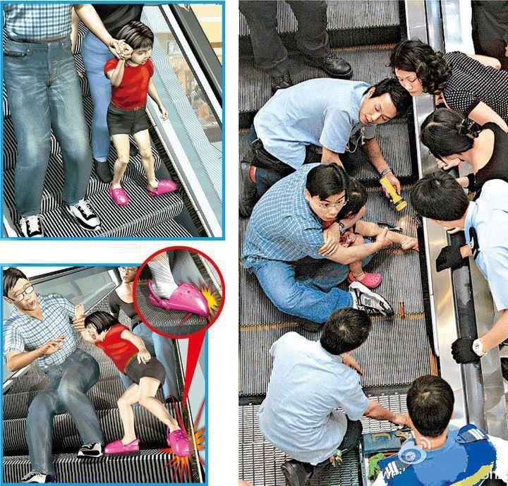 Crocs causa acidente em escada rolante - Caso ocorrido em Singapura. acidente crocs escada rolante crianca