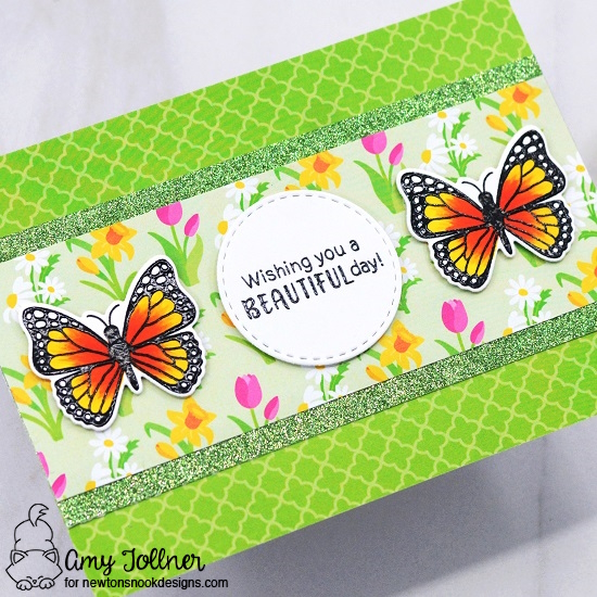 Monarchs Stamp and Die Set, Spring Blooms Paper Pad, Slimline Frames and Portholes Die Set by Newton's Nook Designs #newtonsnookdesigns #newtonsnook #nnd #handmade