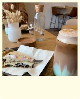Little polaroid style picture of cookie pie and a mint iced mocha, in glass jar.