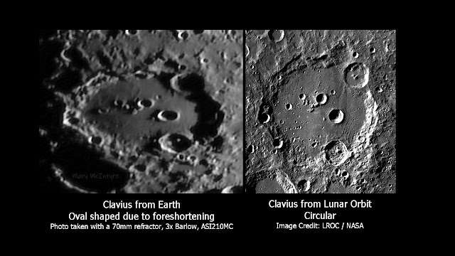 Comparison of Clavius seen from Earth and from lunar orbit. From Earth it has an oval shape, but in reality it is circular