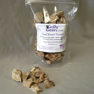 Pouch of dog treats containing beef heart pieces