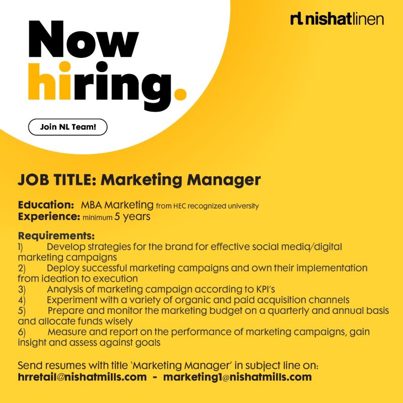 Nishat Linen NL Jobs Marketing Manager