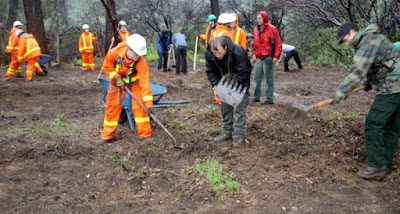 Volunteers, including AmeriCorps members (orange raingear), work to clear vegetation and smooth the ground for later construction of the Luke Sheehy Memorial Fitness Park. (Photo by Jeff Fontana/BLM)