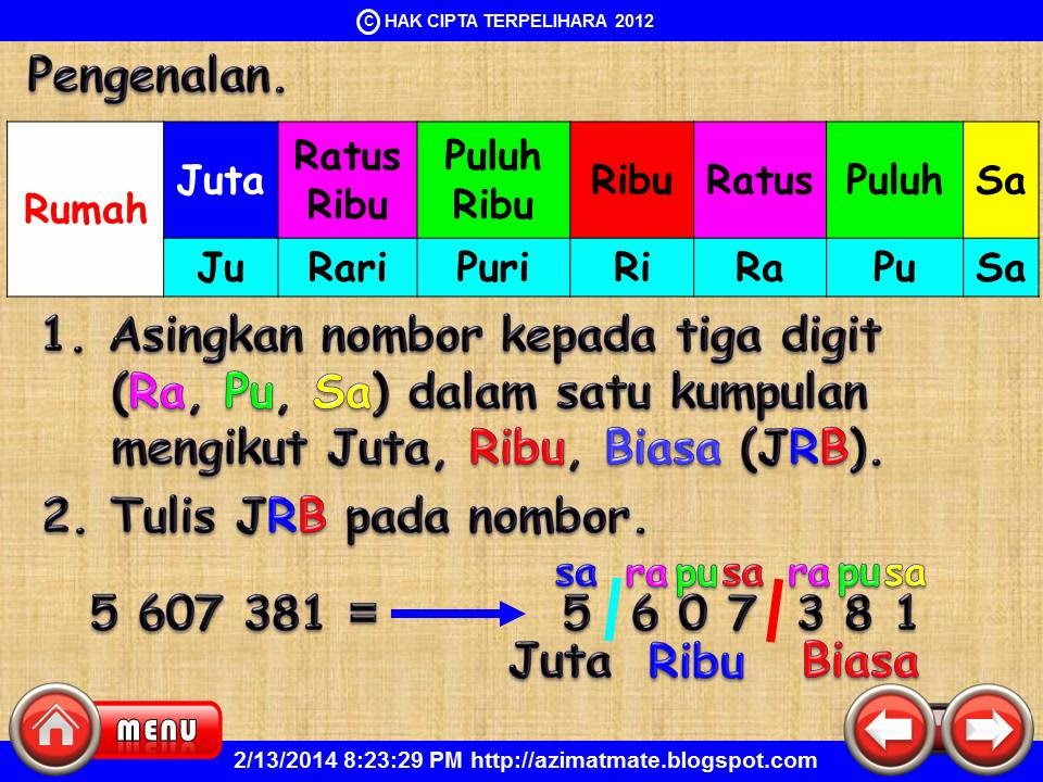 AZIMAT MATEMATIK: NOMBOR. PENGENALAN NOMBOR MELIBATKAN JRB.