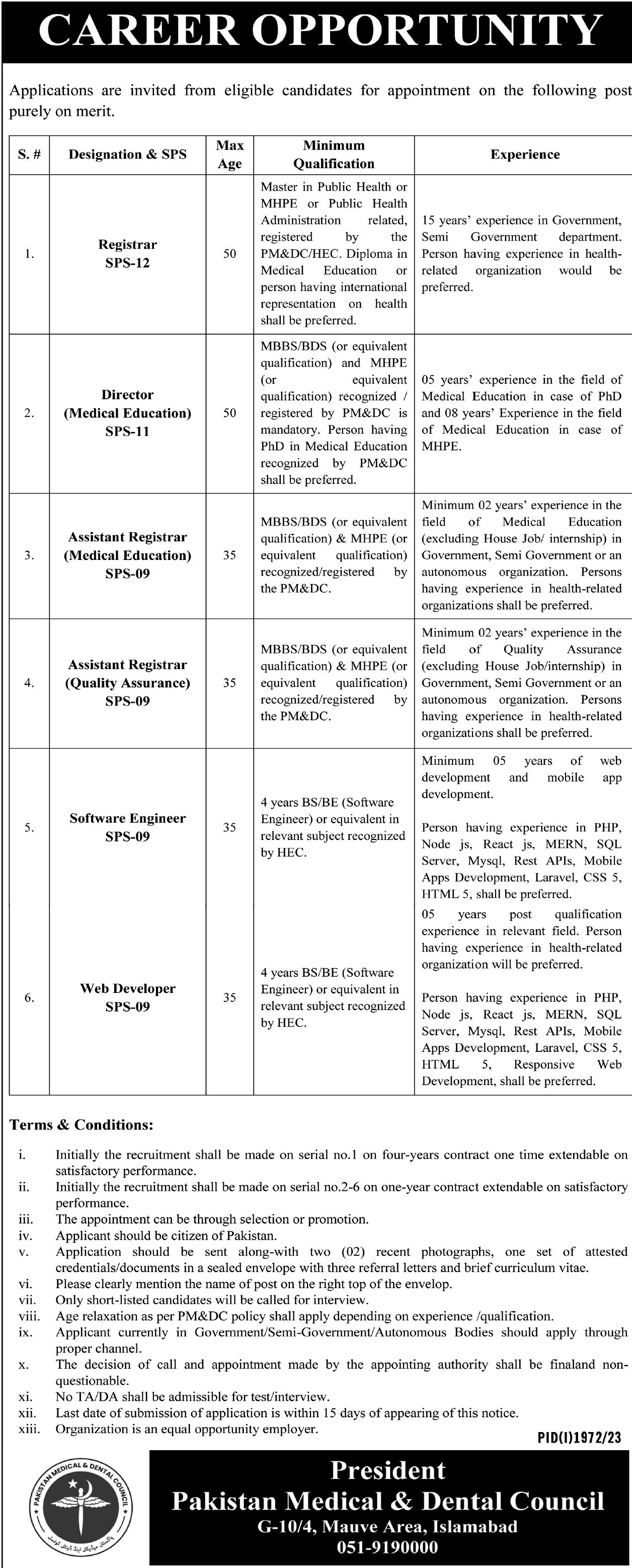 Pakistan Medical and Dental Council Medical Jobs In Islamabad 2023