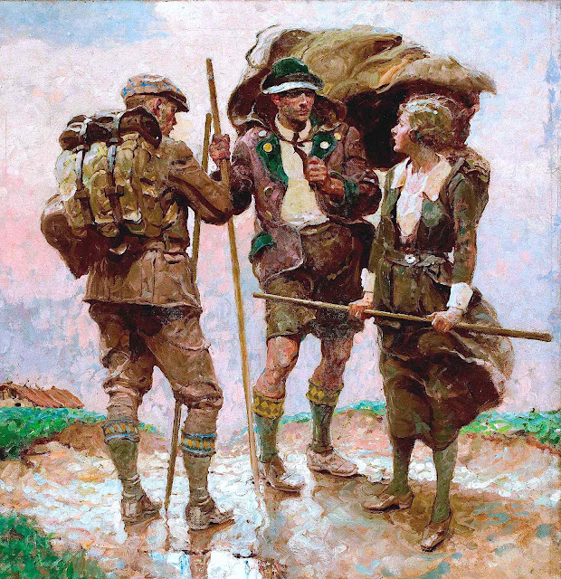 a Dean Cornwell color illustration of three hikers talking on a windy hill, two men and a woman