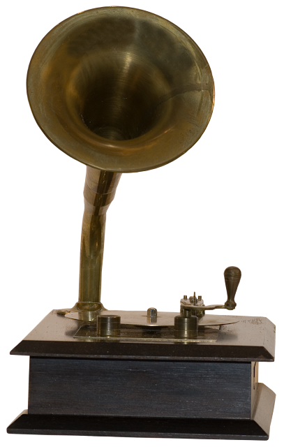 Wind up wooden music box with gramophone horn.