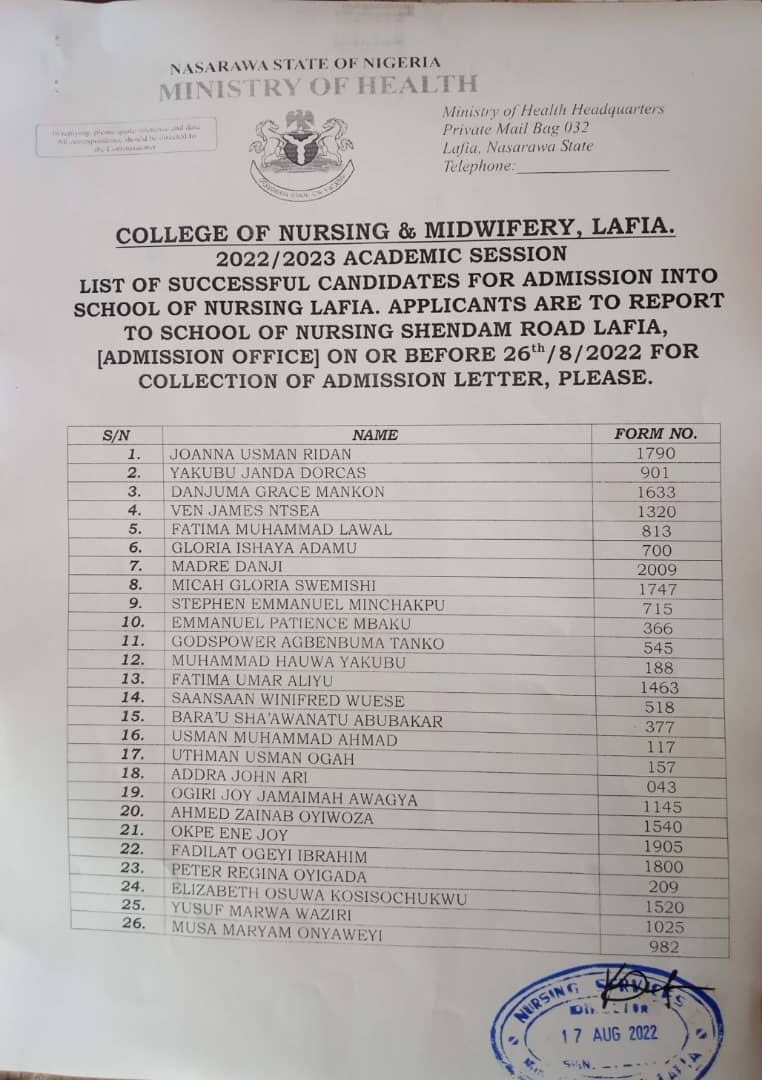 Nassarawa State School of Nursing Admission List 2022/2023