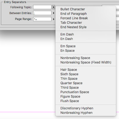 Screenshot of InDesign’s possible special characters for index entry separators