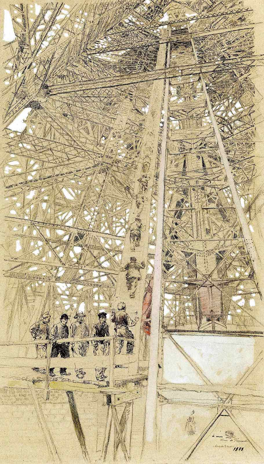 an Adolphe-Gustave Binet drawing of workers on the Eiffel Tower