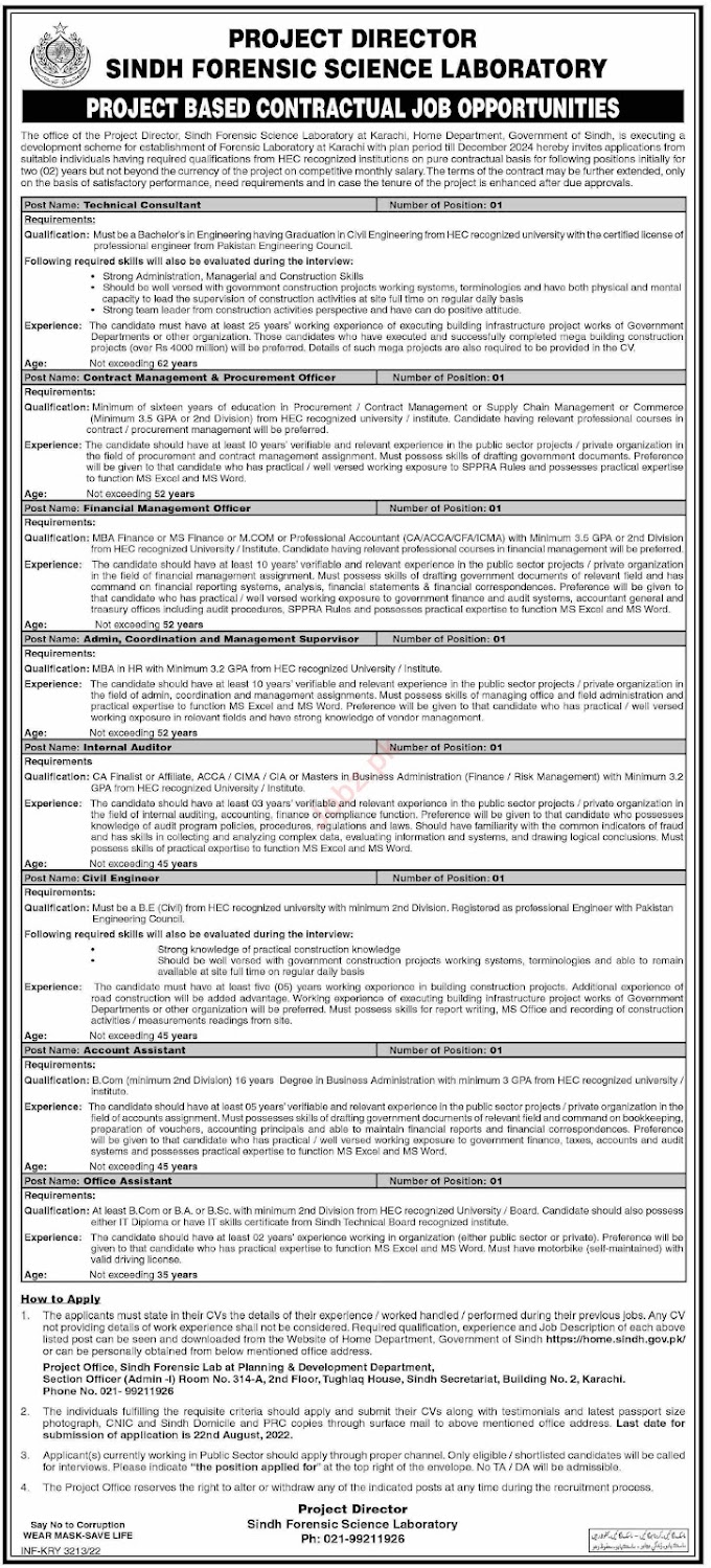 Sindh Forensic Science Laboratory Jobs 2022 Karachi 