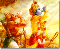 [Krishna blowing conch]